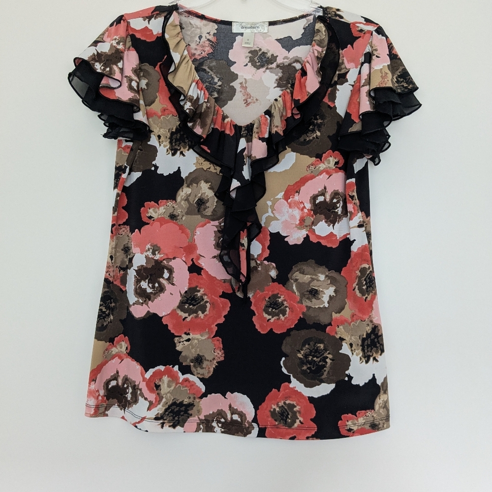 EUC Black/Tan/Red Floral Dressbarn Stretch Ruffle V-Neck Blouse, WS